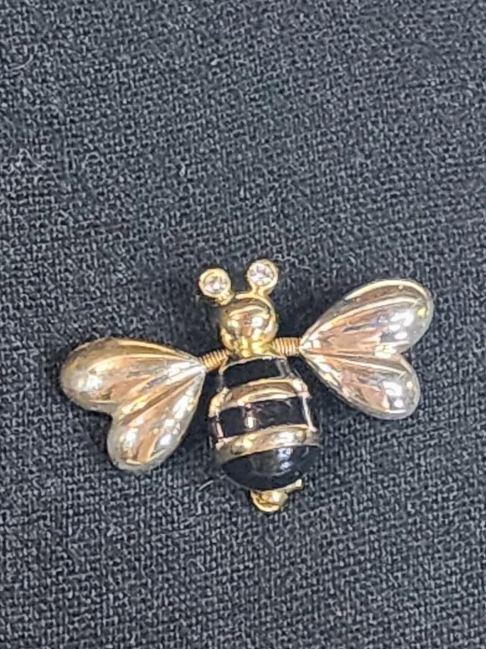 Mixed Metal Vintage Black Enamel Trembler Heart Winged w/Rhinestone Eyes Bee Pin